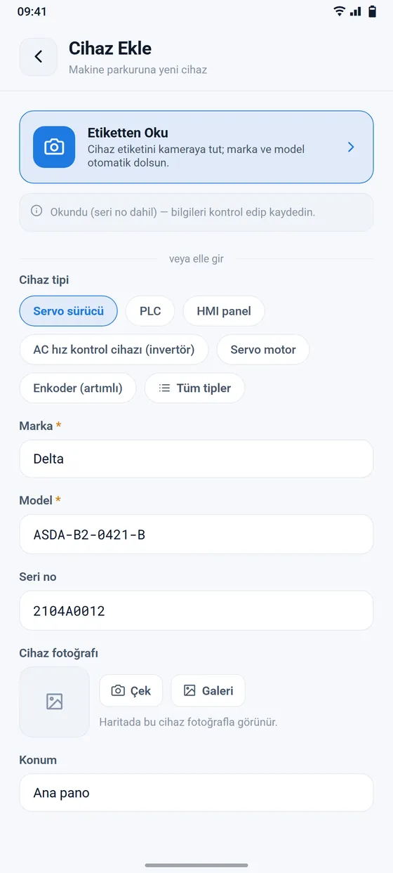 Cihaz ekle ekranı: Etiketten Oku ve cihaz bilgileri
