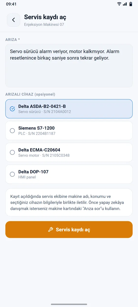 Servis kaydı aç ekranı